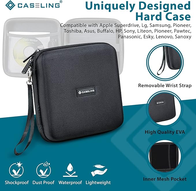 Caseling Hard Case - 7.2"x7.2"x2.2" - for External USB, DVD, CD, Blu-ray Rewriter/Writer and Optical Drives - Portable Carrying Travel Storage Case - EVA ProtectionBlack