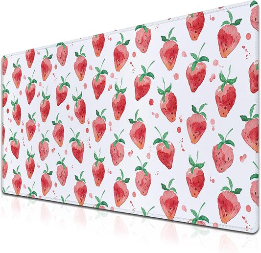 XXL Keyboard Pad Red Mouse Mat, Gaming Mouse Pads Big Mouse Pad, Modern Desk Pad Waterproof Non-Slip Rubber Base, 35.4 X 15.7 inch for Work/Game/Office/Home Summer Fruits Strawberry Leaves