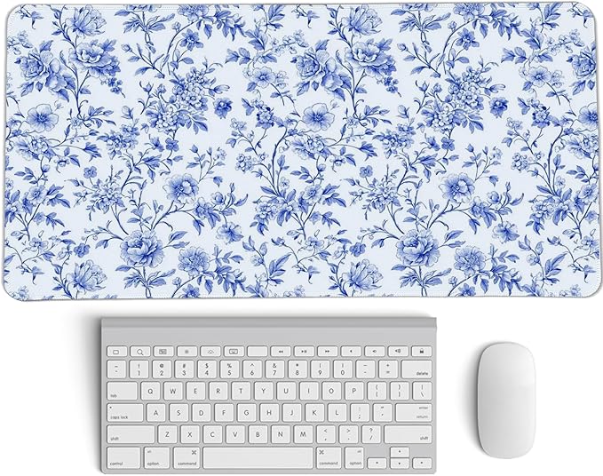 Light Blue Chinoiserie Mouse Pad,Vintage Blue And White Floral Desk Mat,XL Large Vintage Floral Preppy Mouse Pad,Girly Gaming Mousepad,Girly Laptop Desk Mat For Dorm Home Office,23.6x11.8 Inch
