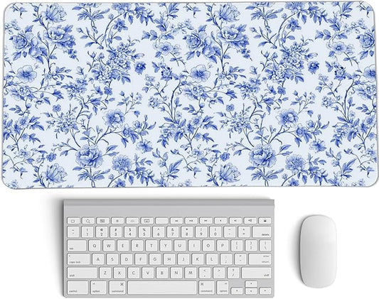 Light Blue Chinoiserie Mouse Pad,Vintage Blue And White Floral Desk Mat,XL Large Vintage Floral Preppy Mouse Pad,Girly Gaming Mousepad,Girly Laptop Desk Mat For Dorm Home Office,23.6x11.8 Inch