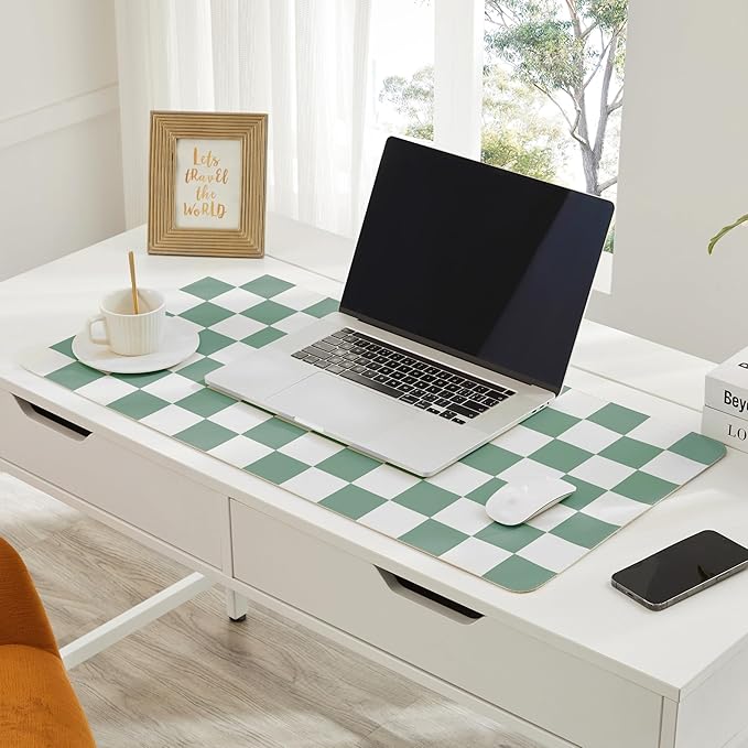 Checkered Desk Mat, Large Cute Aesthetic Retro PU Leather Computer Laptop Desk Mat, Non-Slip Waterproof Mouse Keyboard Pad, Desk Writing Mat for Work/Home (Sage, 23.6" x 13.7")