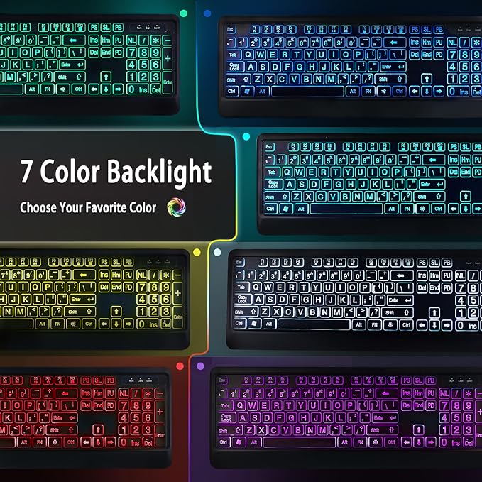 Large Print Backlit Keyboard, Wired Lighted Computer Keyboards with 7-Color Backlight, Light Up Oversize Letter Keys, Foldable Stands, USB Quiet Keyboard for PC, Windows, Laptop (Colorful Backlit)
