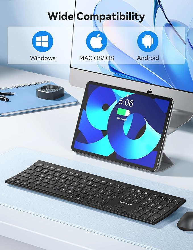 TECKNET Bluetooth Wireless Keyboard, Multi Device Free Switching (BT5.0+2.4G+Wired), Quiet Typing, Ultra-Slim Full Size with Numpad for Mac/Windows/Android, 12 Multimedia Keys