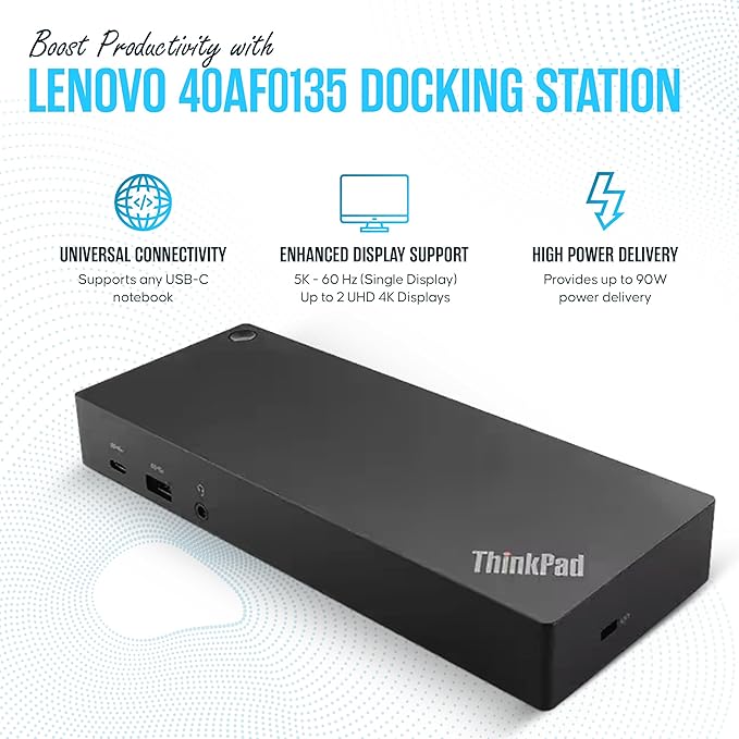 40AF0135US Lenovo Docking Station Dual Monitor Hybrid USB-C with USB-A - Thinkpad Dock with 135W Adap TER, HDMI, DisplayPort, USB C Cable & Cleaning Cloth - Thinkpad Docking Station
