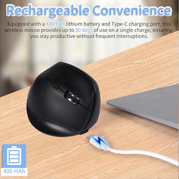 Bluetooth Wireless Vertical Mouse - Ergonomic Design, Rechargeable with Type-C, Silent Operation for Office and Home Use, Ideal for Professionals & Students (Black)