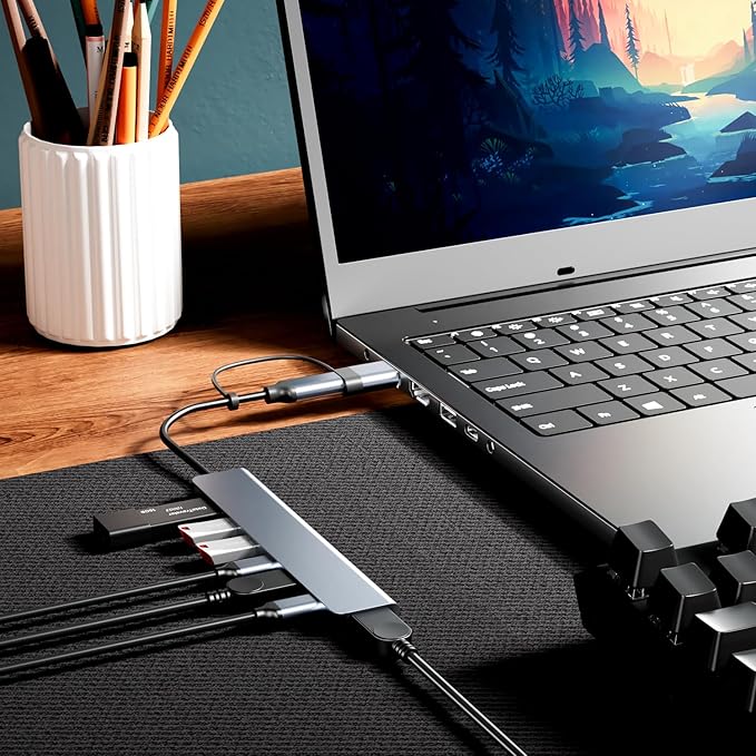 Aluminum 7 in 1 USB C/USB Hub, 2* USB C and 5* USB, USB 3.0 and USB 2.0 Ports, Ultra Slim Portable USB Splitter Adapter for Laptop, PS4, Flash Drive, HDD, Xbox, Printer, Mouse, Keyboard