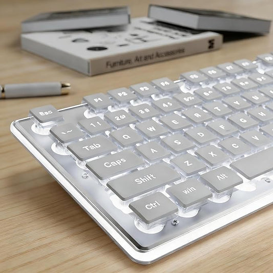 EWEADN GX710S Backlit Computer Keyboards, Wired USB Keyboard with White Backlit, Metal Panel, Plug and Play, Pudding Keycaps Full Size Quite Computer Keyboard for Win/PC/Laptop-White