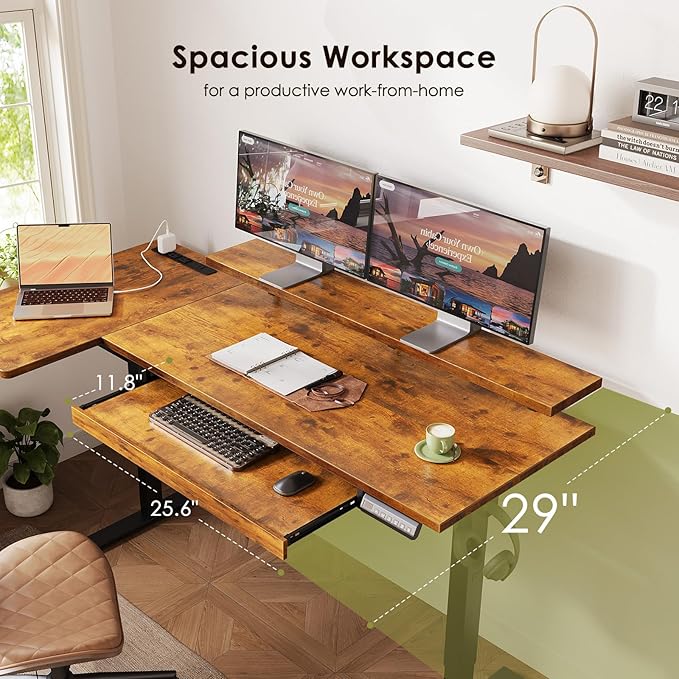 OffiGo 63 Inch Electric L Shaped Standing Desk with Keyboard Tray, Reversible Height Adjustable Corner Computer Desk with Monitor Stand, Sit Stand Up Lift Table for Home, Office, Rustic Brown
