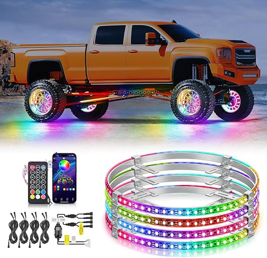 Nilight 4PCS 17.5inch Wheel Ring Lights Deram Color with APP and Remote Control Neon Lights Million Colors w/Turn Signal and Braking Function for Car Van SUV Truck