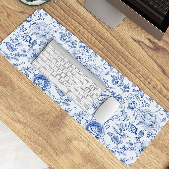 Blue Chinoiserie Mouse Pad,Blue and White Floral Desk Mat,XL Large Floral Preppy Trendy Mouse Pad,Girly Gaming Mousepad,Girly Laptop Desk Mat for Dorm Home Office Decoration,31.5x11.8 Inch