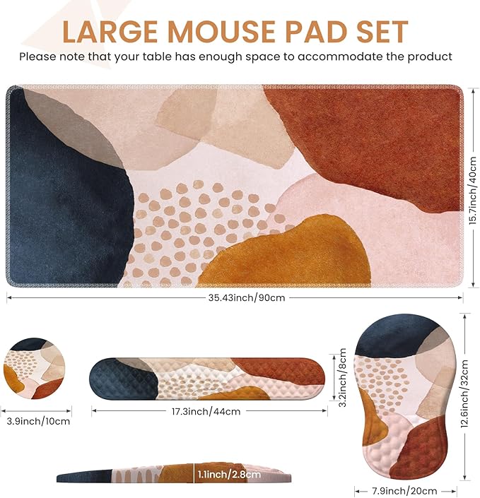 Large Desk Matt for Desktop, Boho Desk Mat Set, Carpal Tunnel Keyboard and Mouse Pad, Desk Mat for Keyboard and Mouse, XL Computer Mouse Pad for Desktop Laptop, Color Block Orange