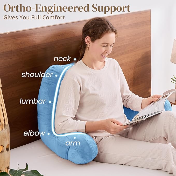 Sasttie Reading Pillow, Pillows for Reading or Relaxing – Ergonomic Support for Head, Neck, Back, and Lumbar, 21-Inch, Blue