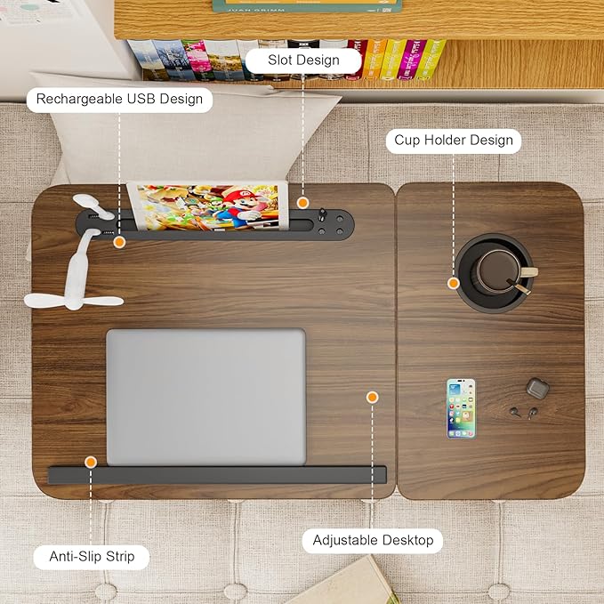 Laptop Desk for Bed, Adjustable Laptop Stand with 5 Different Angles, Portable Lap Tray Table with USB Charge Port and Cup Holder, Laptop Bed Desk Tray for Eating Working Writing (Brown)