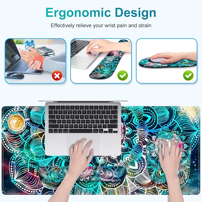 Large Mouse Pad with Wrist Support 4 in1 Set, XXL Big Game Mousepad + Keyboard Wrist Rest+Mouse Wrist Rest+Coaster Ergonomic Gaming Mat for Home Office Table Computer I Nice Green Mandala