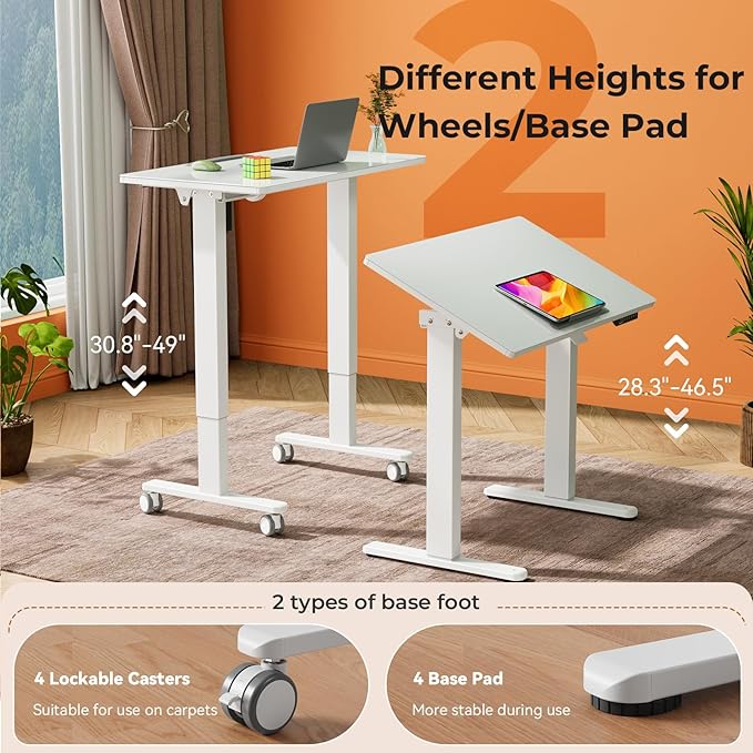 35inch Glass Standing Desk，90° Tiltable Mobile Rising Desk Height Adjustable，Whole Piece Rolling Drafting/DrawingTable with Wheels，Foldable Small Laptop Art Desk，White
