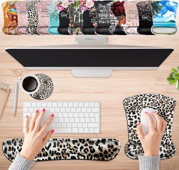 Keyboard Wrist Rest Pad and Ergonomic Mouse Pad Wrist Support Set Leopard for Gaming, Office, Comfortable and Pain Relief with Coaster Set
