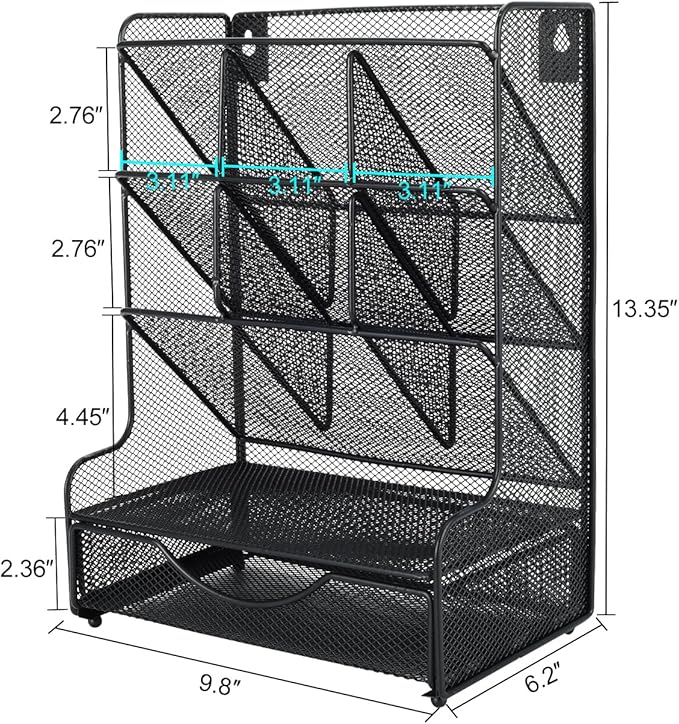PAG Desk Organizer with Drawer Office Supplies and Accessories Storage Caddy Hanging Wall Shelf Metal Mesh Pencil Holder for Kids, 9 Compartments, Black