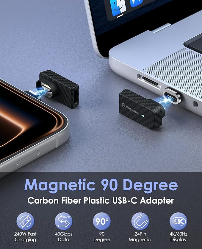 Magtame Magnetic USB C Adapter 90 Degree 24Pin 240W (1Pack with 2 Tips), Right Angle Carbon Fiber Plastic Male to Female USB C Extender, 40Gbps & 4K Video for Laptop, iPhone 17/16/15, Galaxy, Laptop