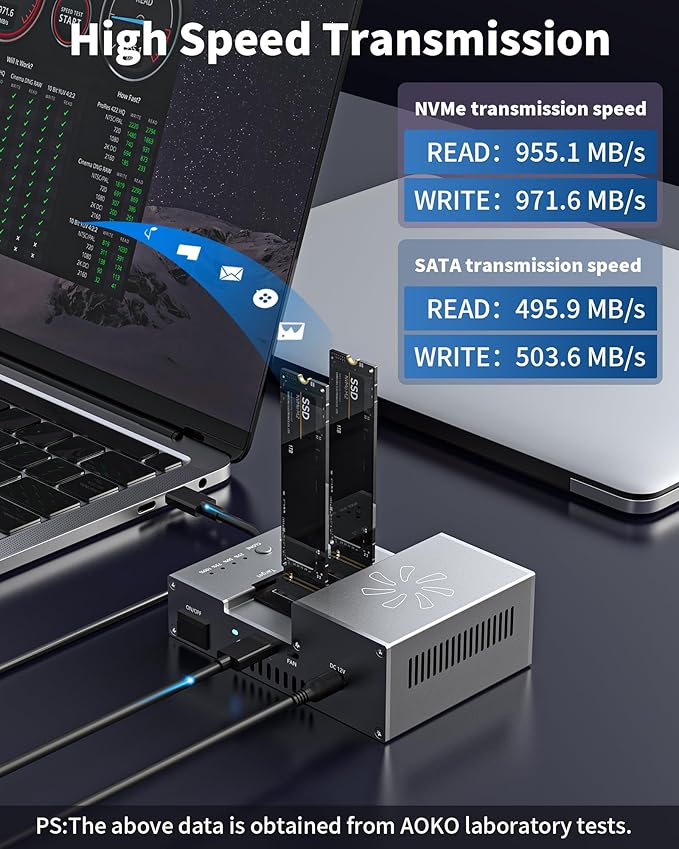 AOKO M.2 NVMe/SATA SSD Cloner with Cooling Fan，USB-C 10Gbps NVMe Clone Docking Station,SSD to USB Adapter&Reader,PCIE NVMe/NGFF Duplicator Supports Offline Clone, UASP and Trim