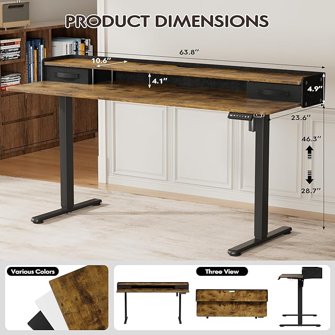 Furmax Electric Standing Desk with Drawers, Stand Up Desk with Storage Shelf Height Adjustable Computer Desk with Organizer for Home Office Ergonomic (Rustic Brown, 63 Inch)