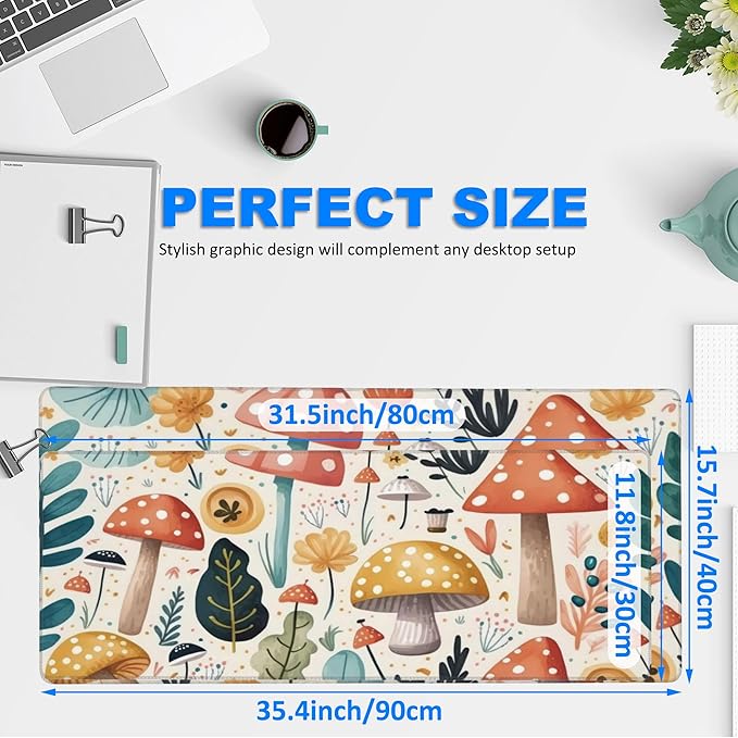 Desk Pad, Hand Drawn Charming Mushroom and Leaves Extended Gaming Mouse Pad Large, 35.4"x15.7" Big Mouse Pad with Non-Slip Base and Stitched Edge, Long Computer Keyboard Mouse Mat for Home Office Work