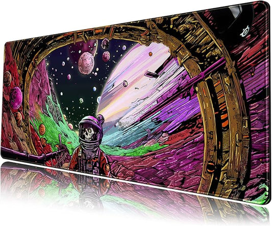 Strange Planet Desk Mat Space Scene Large Gaming Mouse Pad Extended Anime Vibrant Colors Desk Pad Futuristic Spaceship Mousepad XL Cosmic Adventure Skeleton Keyboard Mouse Mat 31.5"x11.8"