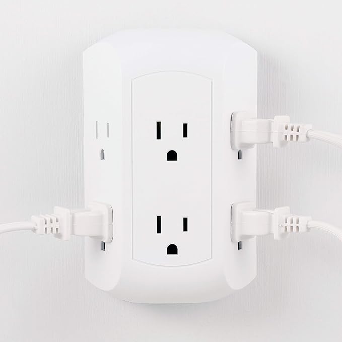 GE Pro 6-Outlet Extender, Surge Protector, Spaced Wall Tap, Side-Access, 3-Prong Power Strip, Charging Station, 560 Joules, UL Listed, White, 43648
