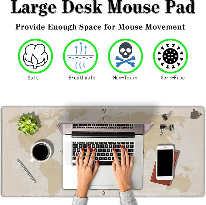 Office Desk Pad Compass Big Desk Mat, Gaming Mouse Pads Long Mousepad, Keyboard Pad Waterproof Non-Slip Rubber Base, 35.4 X 15.7 inch for Work/Game/Office/Home Old World Map Nautical Compass