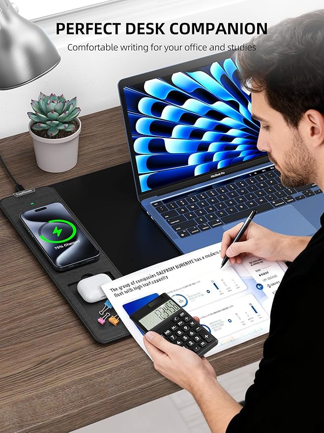 TopMade Mouse Pad with 15W Wireless Charging, Removable 8-Digit Solar Calculator, 31.5" x 15.75" XXL Large Desk Pad, Gaming Computer Keyboard Pad, Waterproof Mousepad Home Office Desk Mat, Black