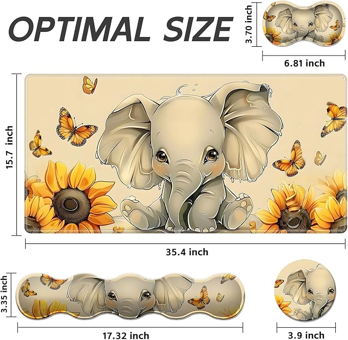 Gaming Mouse Pad Set, Cute Elephant Large Desk Mat Mousepad, Keyboard Wrist Support, Mouse Wrist Rest, Coaster 4in1 Ergonomic Memory Foam, Non-Slip Stitched Edge for Home Office