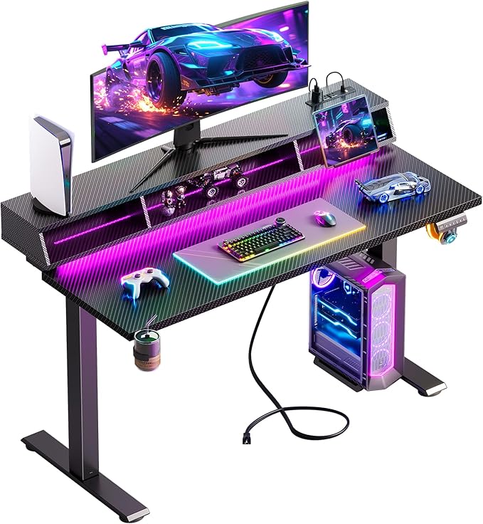 OffiGo Gaming Standing Desk with LED Light, 48 Inch Electric Height Adjustable Table with Power Outlet & Floating Monitor Stand, Sit Stand Computer Workstation for Home, Bedroom, Black