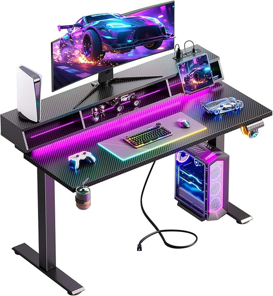 OffiGo Gaming Standing Desk with LED Light, 48 Inch Electric Height Adjustable Table with Power Outlet & Floating Monitor Stand, Sit Stand Computer Workstation for Home, Bedroom, Black