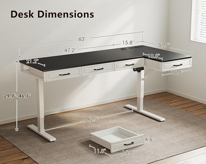 OffiGo L Shaped Electric Standing Desk with Wooden Drawers, 63 Inch Height Adjustable Corner Workstation with Power Outlets, Sit Stand Table for Home, Office, White+Black