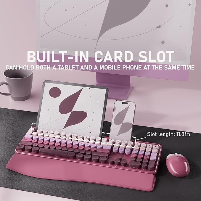 UBOTIE Wireless Keyboard and Mouse Combo with Phone Holder and Wrist Rest, Round Colorful Keys, Power Switches, 2.4GHz USB Receiver, Full-Size QWERTY Layout for PC Laptop(Rose-Red Gradient)