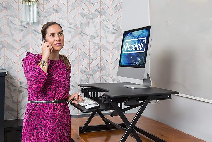 Rocelco 32" Height Adjustable Standing Desk Converter BUNDLE - Sit Stand Computer Workstation Riser with Anti Fatigue Mat - Dual Monitor Retractable Keyboard Tray Gas Spring - Black (R EADRB-MAFM)