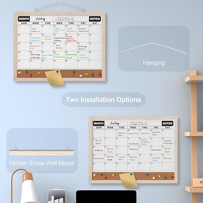 Monthly Calendar Dry Erase Board 16x12 Inch, Double-Sided Whiteboard and Corkboard Combo with White MDF Frame, Wall Mounted Planner Organizer with Markers, Magnets, Push Pins, Eraser