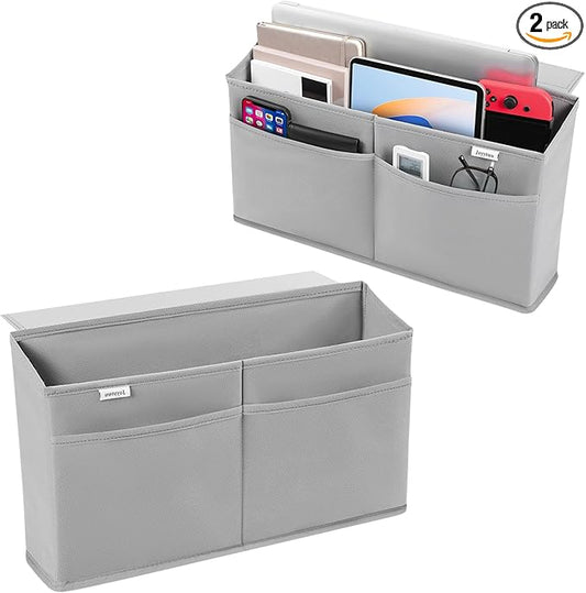 2 Pack Desk Side Hanging Organizer, Adhesive Storage Bag with Pockets for Magazine Ipad Notebook, for End Tables Home Office Desks Computer Workstations Dressing Table, Grey