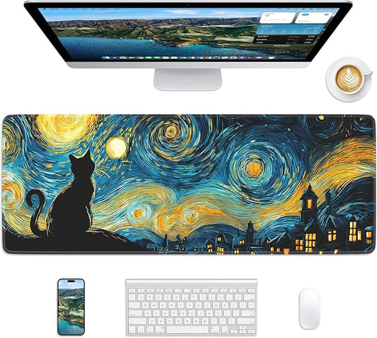 Van Gogh Cat Mouse Pad, 31.5 x 11.8 Large Desk Mat with Stitched Edges & Non-Slip Base, Mousepad for Office, Home, Work