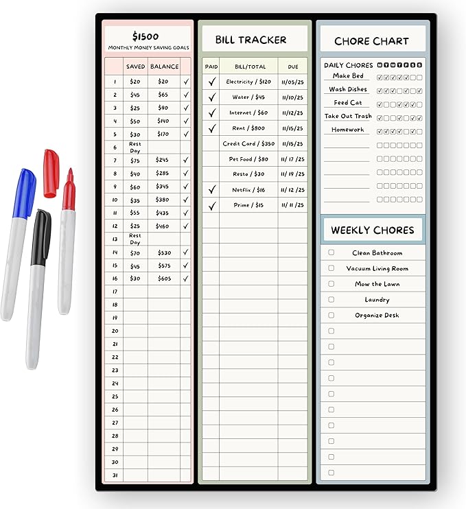 Magnetic Dry Erase Budget Planner and Bill Organizer | 10" x 14" Whiteboard Calendar for Wall or Fridge | Monthly Bill Tracker, Chore Chart, and Family Organizer | Dry Erasable Markers Included