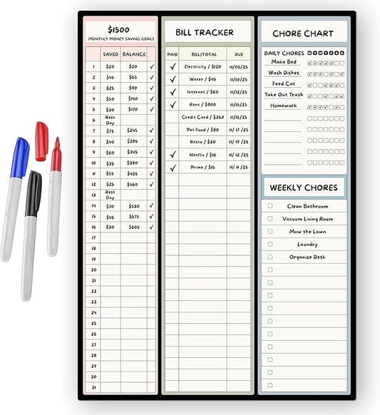 Magnetic Dry Erase Budget Planner and Bill Organizer | 10" x 14" Whiteboard Calendar for Wall or Fridge | Monthly Bill Tracker, Chore Chart, and Family Organizer | Dry Erasable Markers Included