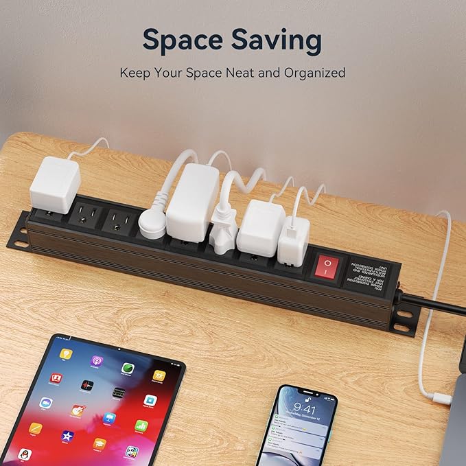 Heavy Duty Power Strip,8 Outlet Metal Power Strip Wall Mount, 1.6 inch Wide Spaced Industrial Surge Protector, Garage Power Strip for Shop Workshop Power Strip with Switch & 6 FT Extension Cord, 300J