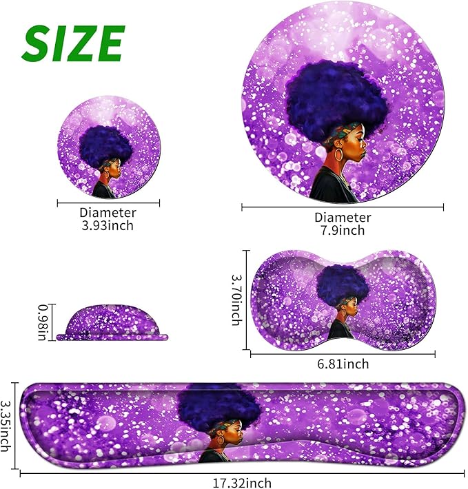 Ergonomic Keyboard Wrist Rests Gel Memory Foam Mouse Pad with Round Mousepad + Coasters, Wrist Support Set with Non Slip Base for Gaming Office Laptop Easy Typing & Pain Relief, Purple African Girl