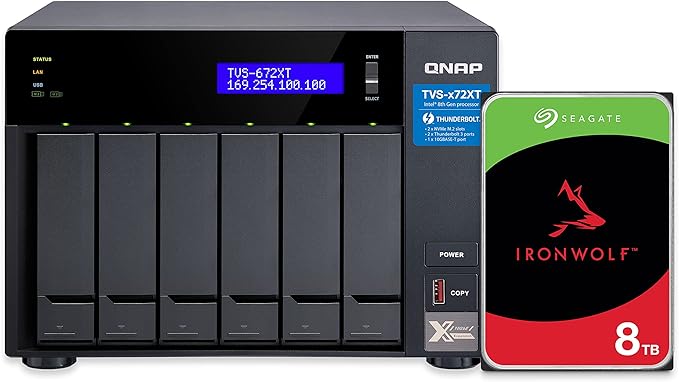 QNAP 6 Bay Thunderbolt NAS with 40TB Storage Capacity, Preconfigured RAID 5 Seagate IronWolf Drives Bundle (TVS-672XT-i3-8G-68S-US)