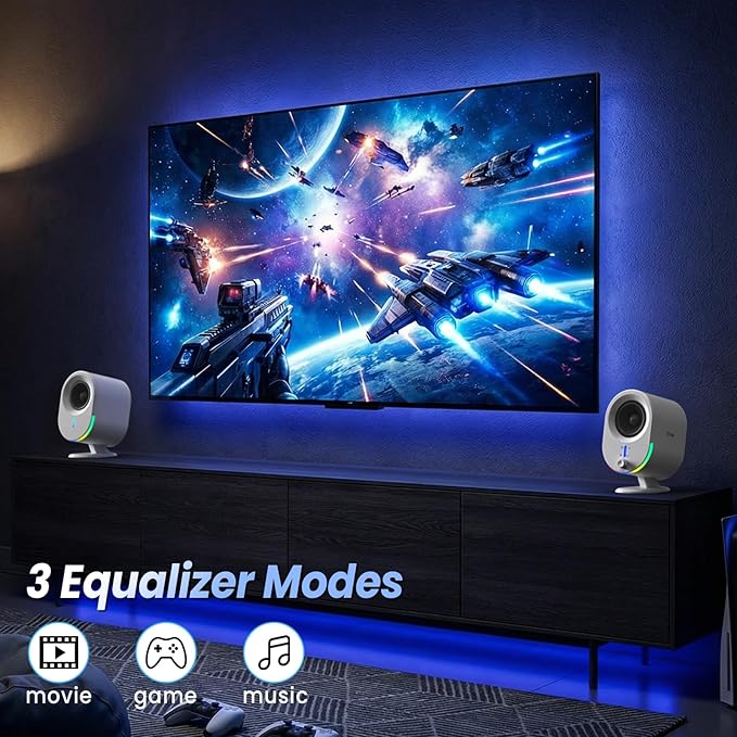Bluetooth PC Gaming Speakers, 2 * 15W 2.0CH Stereo with 3 EQ & 6 RGB Modes, AC Powered Desktop Speakers with Aux/USB/Headphone Port for Laptop/TV, White