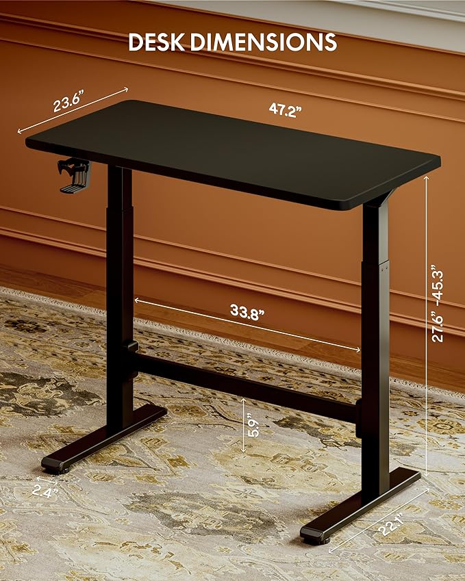 FLEXISPOT H7 Plus Gas Spring Adjustable Standing Desk, Mobile Rolling Sit-Stand Table with Wheels, Cordless Stand Up Desk for Small Spaces & Home Office, 48" One-Piece Desktop Black,Height 27.6"–45"