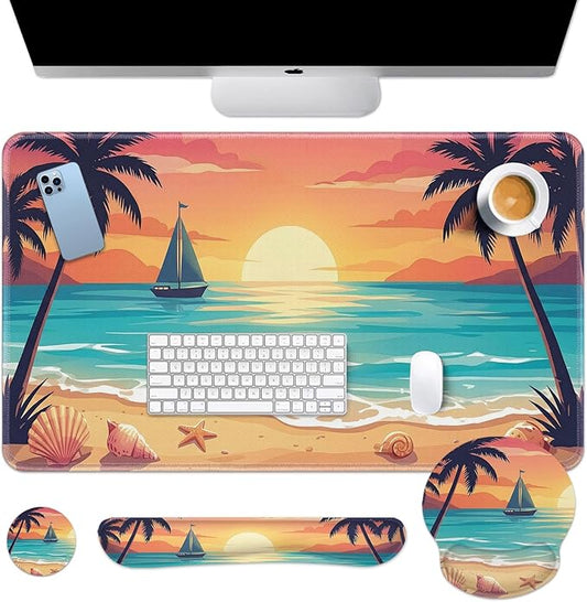 Arttown Ocean Beach Sailboat Desk Mat Tropical Mouse Pad Set 4 in 1 Ergonomic Design Large Mouse Pad + Keyboard Wrist Rest + Mouse Wrist Rest + Coaster Suitable for Home Office Study Game