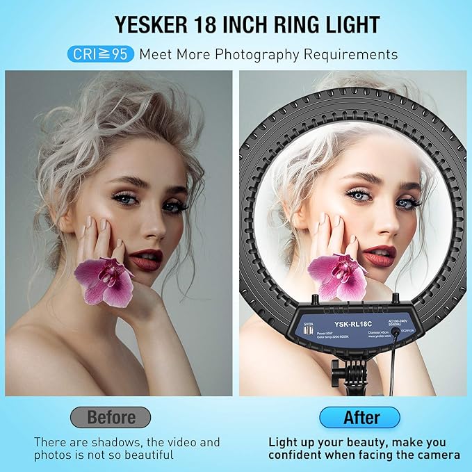 Yesker Ring Light 18 Inch with Stand Tripod Big Selfie Ringlight Adjustable 6000K Dimmable LED Portable Professional Ring Lights Kit Phone Holder for Camera Live Streaming Makeup YouTube Video TikTok