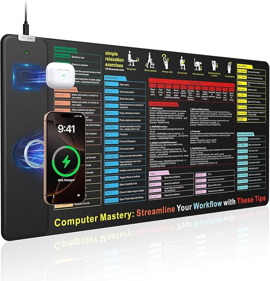 Excel Cheat Sheet Mouse Pad with Magnetic Wireless Charger, 31.5"x15.8" Extended Excel Shortcuts Desk Pad, Waterproof Ultra-Smooth Keyboard Mat, Non-Slip Base