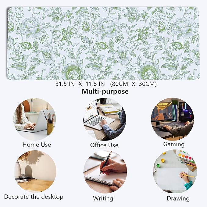 Sage Green Chinoiserie Mouse Pad,Sage Green Floral Desk Mat,XL Large Greens Floral Preppy Trendy Mouse Pad,Girly Gaming Mousepad,Girly Laptop Desk Mat for Dorm Home Office,31.5x11.8 Inch