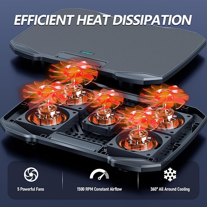 Laptop Cooling Pad for Computer Laptop Cooler for 12-15.6 Inch Notebooks, Laptop Cooling Stand with 5 Quiet Fans, 5 Height Adjustable,2 USB Ports, Phone Stand